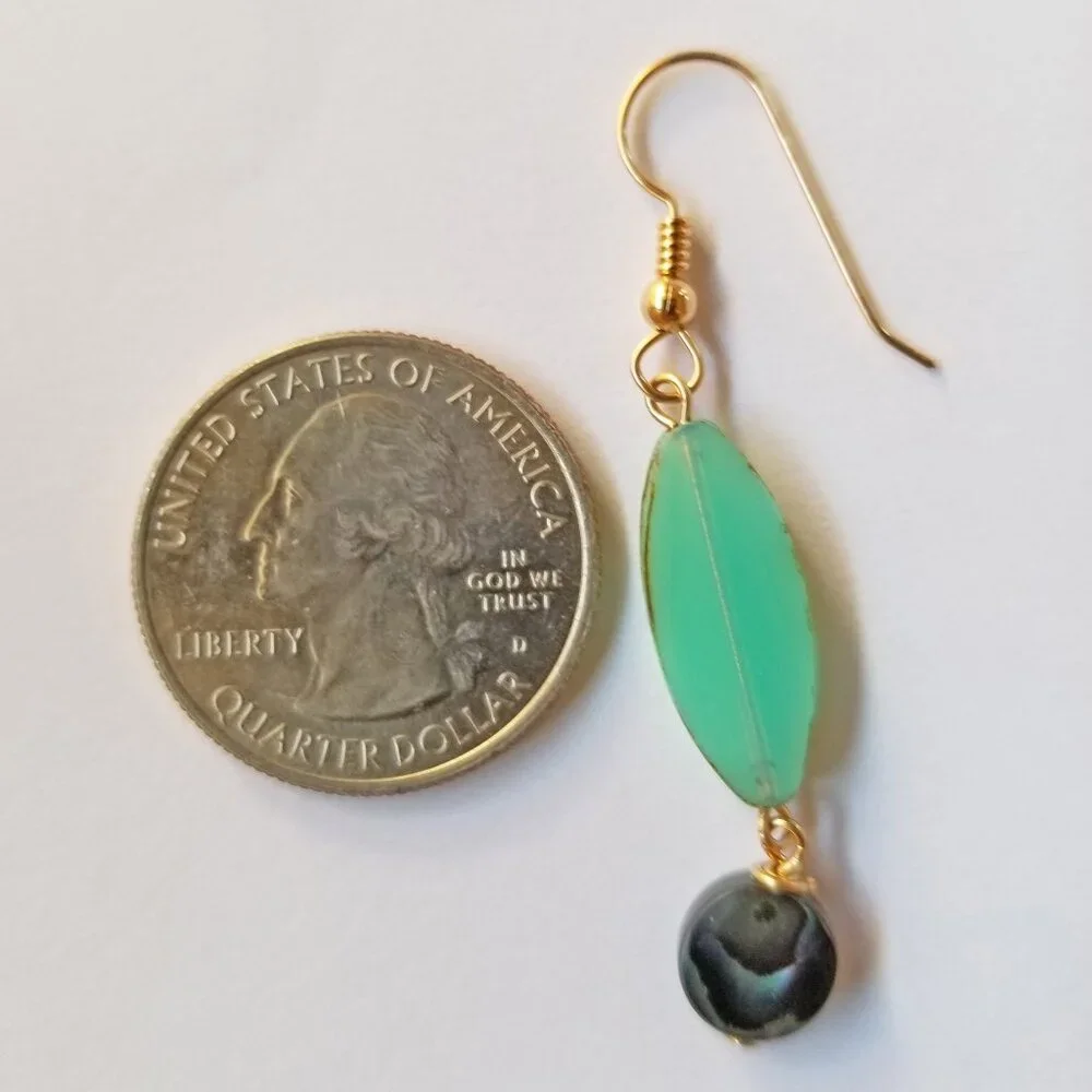 14k Gold Filled Teal Abalone Shell & Seafoam Blue Glass Dangle Earrings